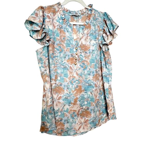 41 Hawthorn Flutter Sleeve Blouse Size Large NWT Blue Floral Pullover Top - Picture 2 of 7